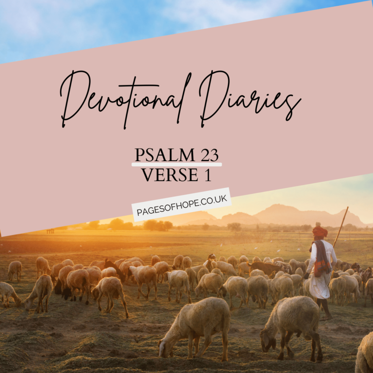 Blog post title: Devotional Diaries, Psalm 23:1. Also contains a photo of sheep in a field with their shepherd