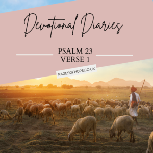 Blog post title: Devotional Diaries, Psalm 23:1. Also contains a photo of sheep in a field with their shepherd