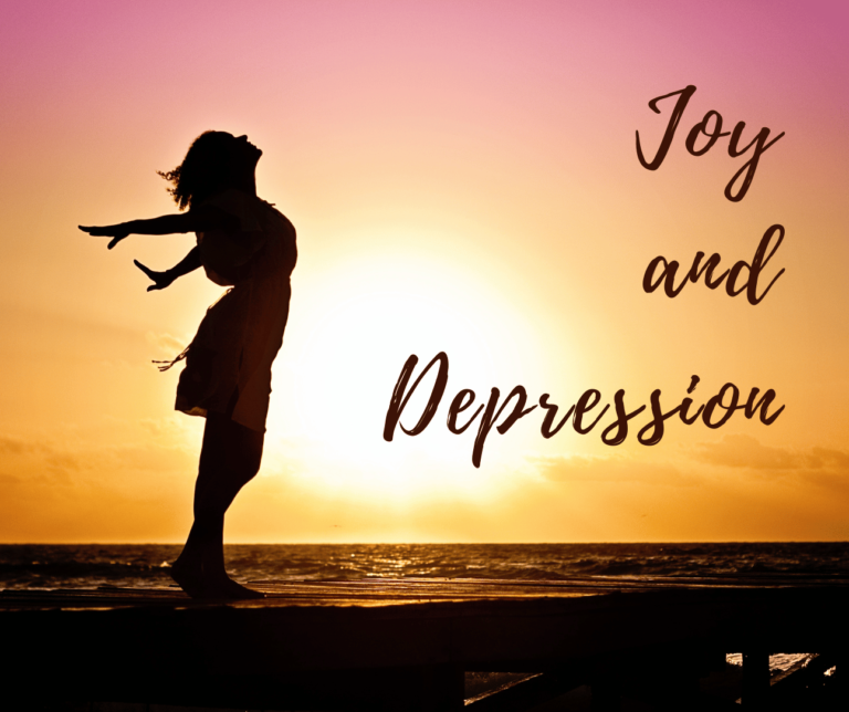 Blog title, "Joy and depression" and a shillouetted woman in the sunset looking carefree and at peace